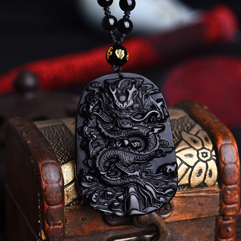 Dragon Carved Obsidian Stone Adjustable Necklace