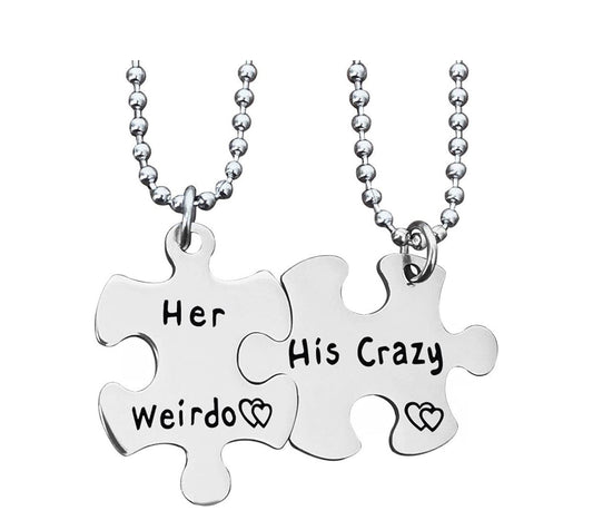 Stainless Steel “His Crazy” + “Her Weirdo” Puzzle Distance Couples Necklace 2pc