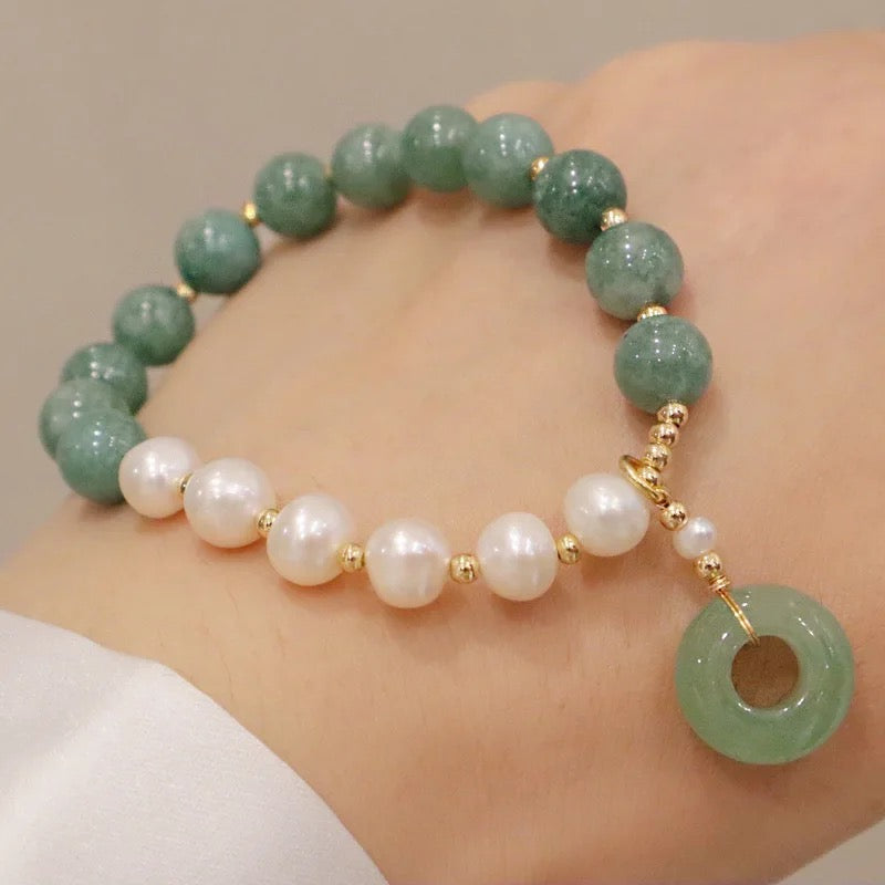 Jade + Fresh Water Pearl Donut Charm Bracelet (8MM)