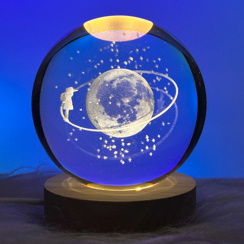 3D Laser Engraved Glass Crystal Ball Lamp Universe Astronomy Decor (Lady on Neptune Rings)