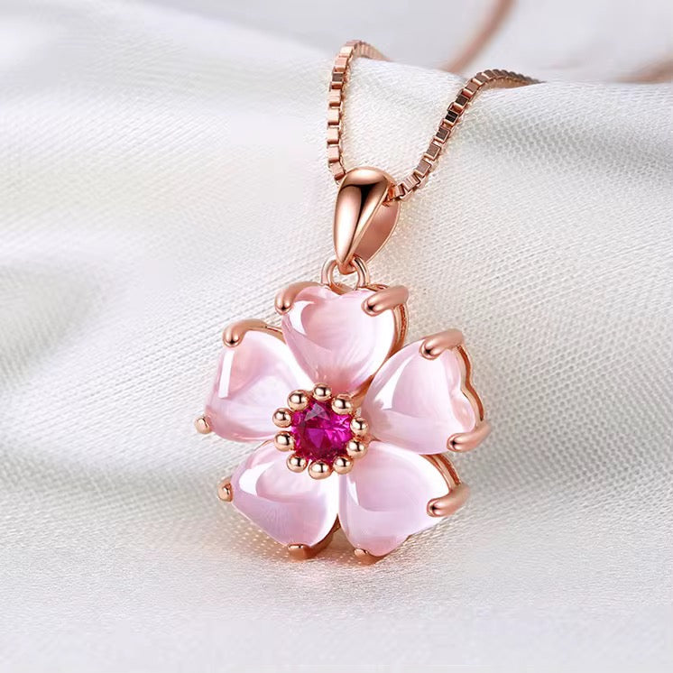 Stainless Steel Rose Quartz Pink Zirconia Clover Necklace
