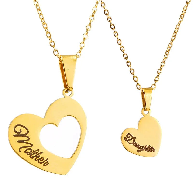 Stainless Steel Mother & Daughter Engraved Heart Necklace 2pc