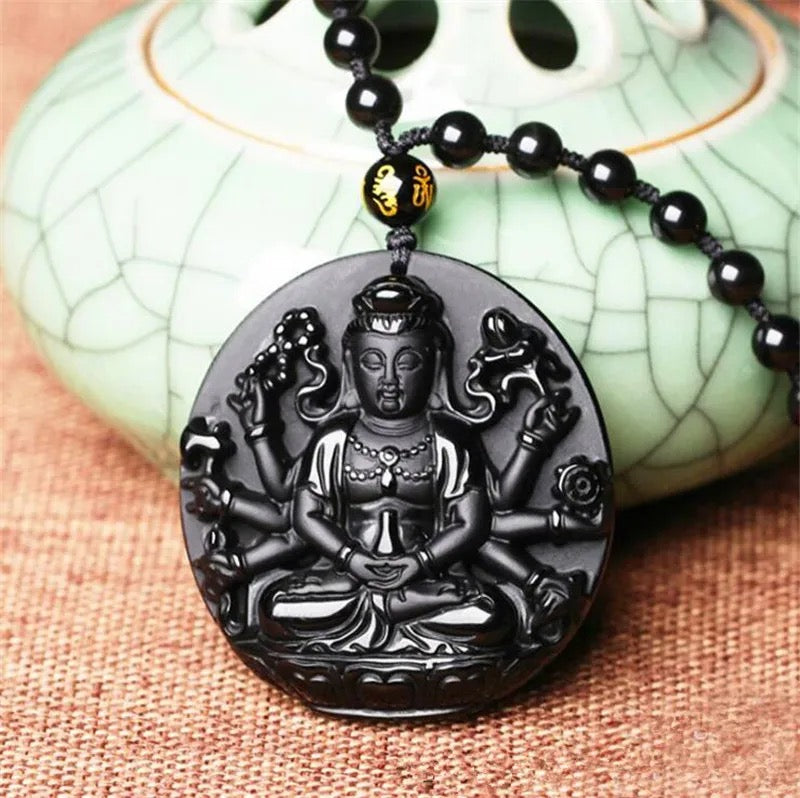 Avalokiteshvara Bodhisattva Buddha Carved Obsidian Stone Adjustable Necklace