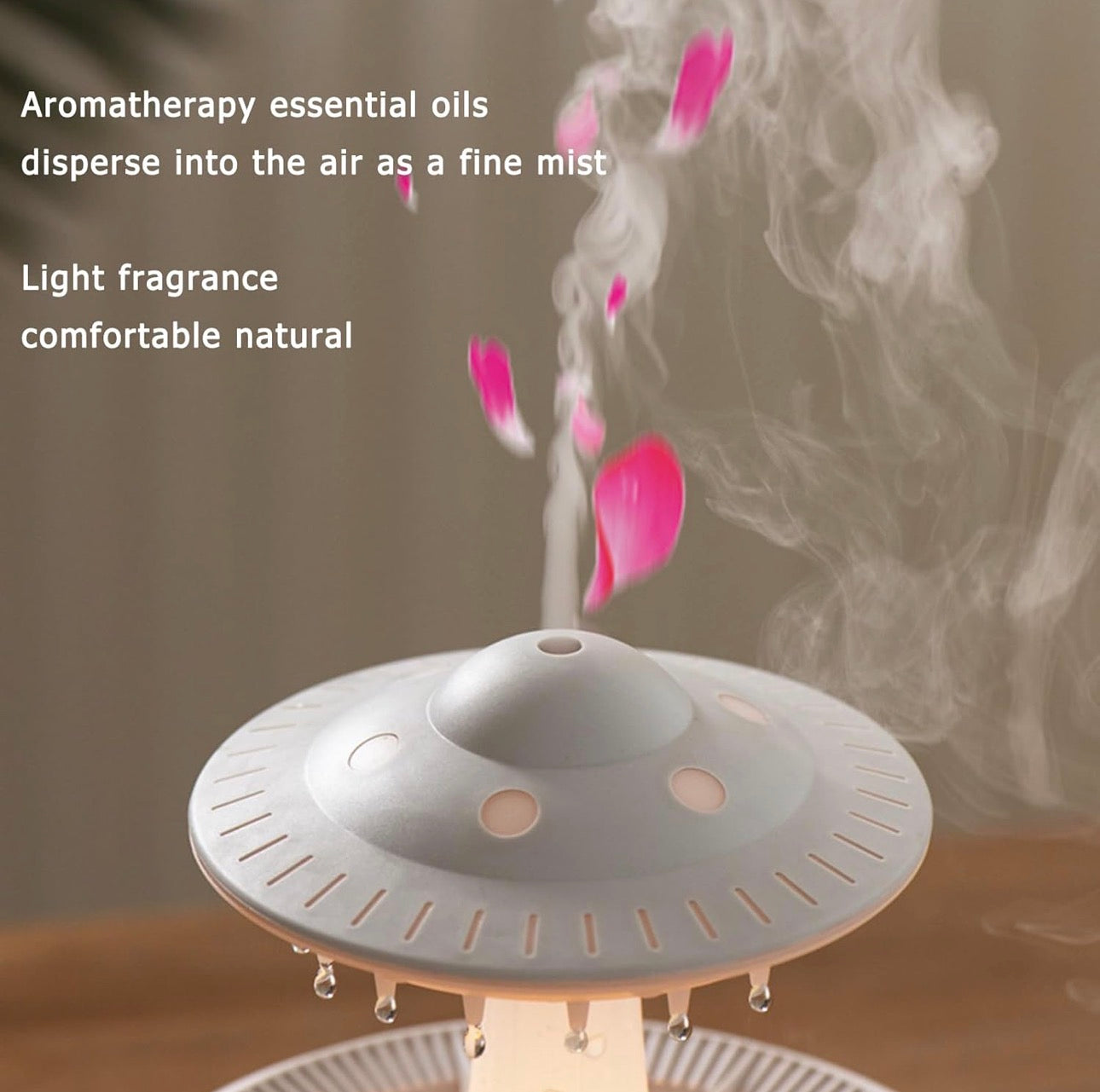 White UFO Rain Humidifier, 7-Color LED Aroma Diffuser + Remote Control