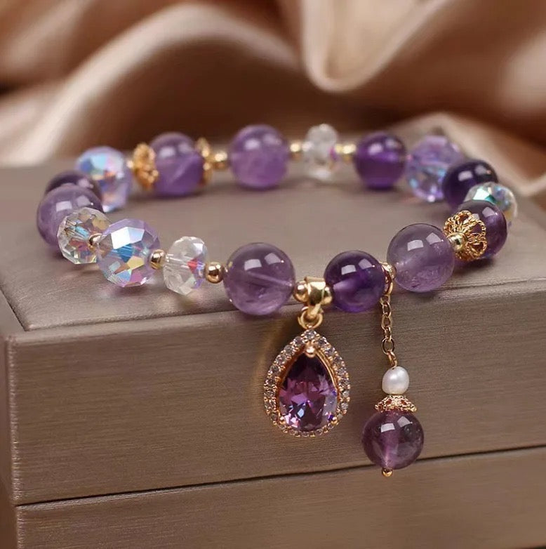 Natural Amethyst Zircon Charm Bracelet (8MM Beads)