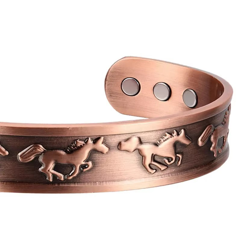 Adjustable Ultra Strength Pure Copper Magnetic Bracelet & Ring Set  (99.99% Copper) Embossed Running Horse Design