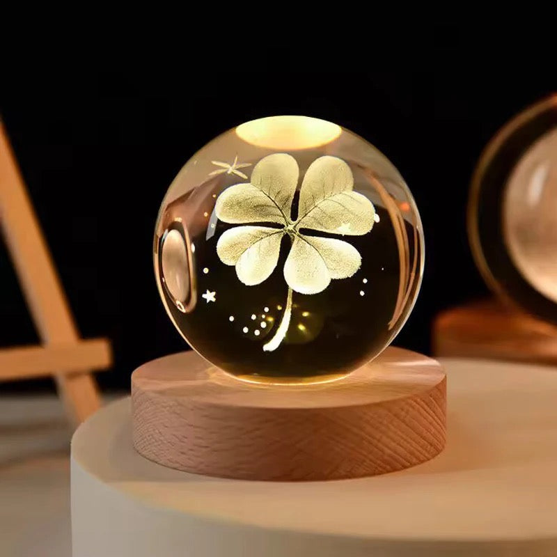 3D Laser Engraved 8cm Glass Crystal Ball Lamp (Lucky 4-Leaf Clover )