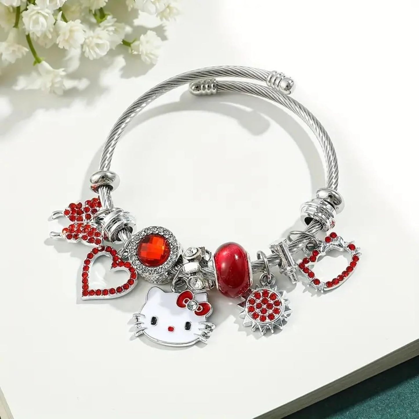 Stainless Steel Hello Kitty Red Zircon Charm Bracelet