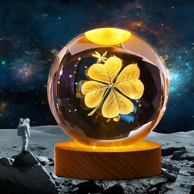 3D Laser Engraved 8cm Glass Crystal Ball Lamp (Lucky 4-Leaf Clover )