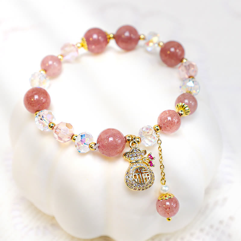 Natural Strawberry Quartz Crystal Money Bag Charm Positive Bracelet (8mm)