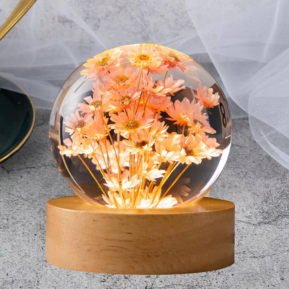 8cm Eternal / Immortal Flower Resin Sphere Lamp with USB LED Wooden Base
