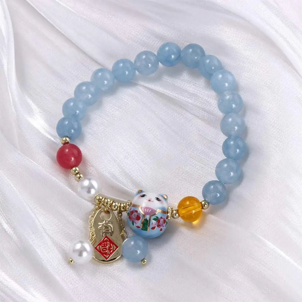 Crystal Blue Agate Lucky Cat Charm Bracelet (8mm)