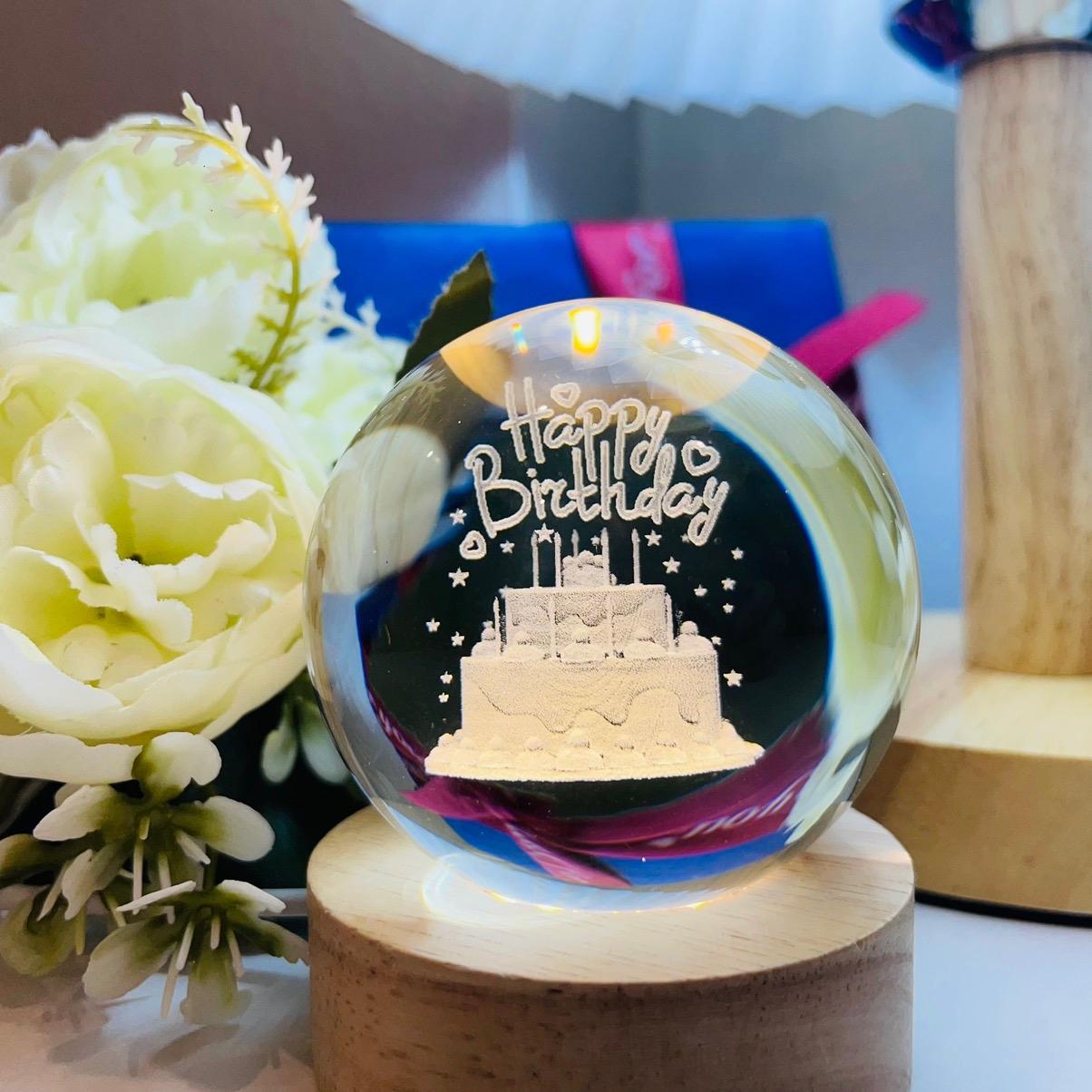 3D Laser Engraved 8cm Glass Crystal Ball Lamp (Happy Birthday)