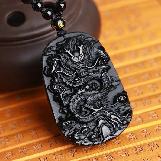 Dragon Carved Obsidian Stone Adjustable Necklace