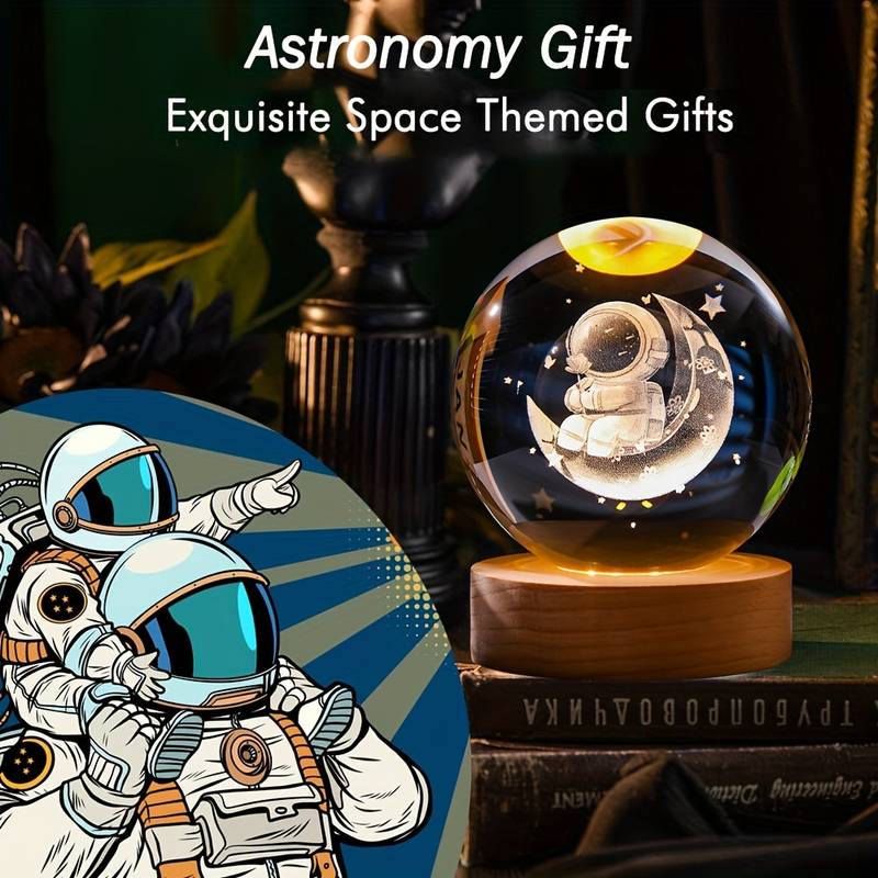 3D Laser Engraved 8cm Glass Crystal Ball Lamp Universe Astronomy Decor (Astronaut on the Moon)