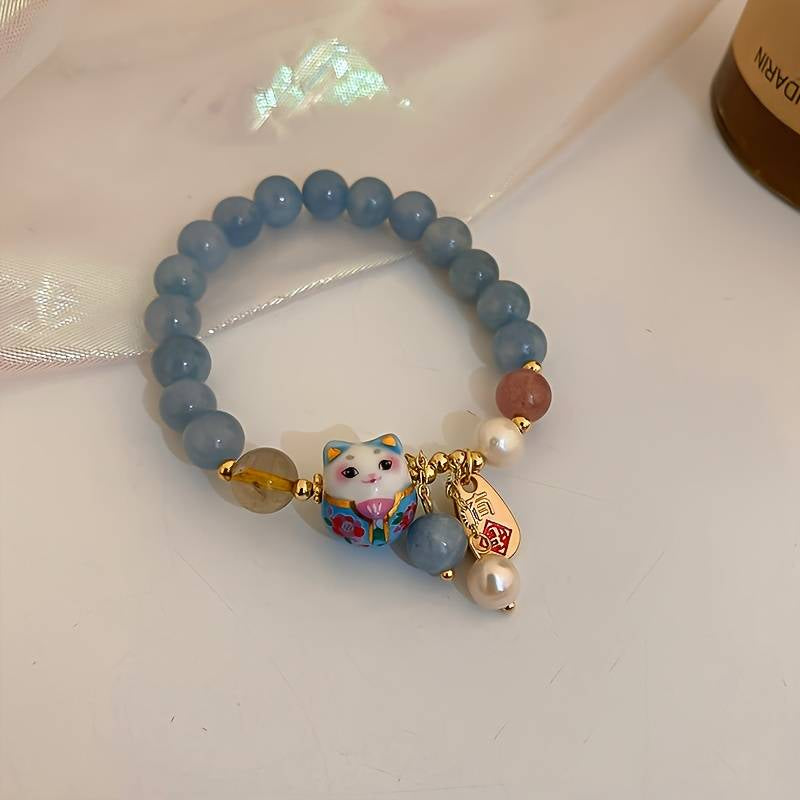 Crystal Blue Agate Lucky Cat Charm Bracelet (8mm)