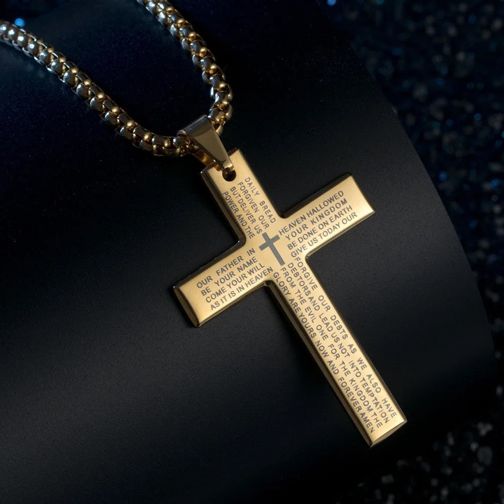 Stainless Steel Christian Cross Necklace With “Our Father Prayer” Engraved