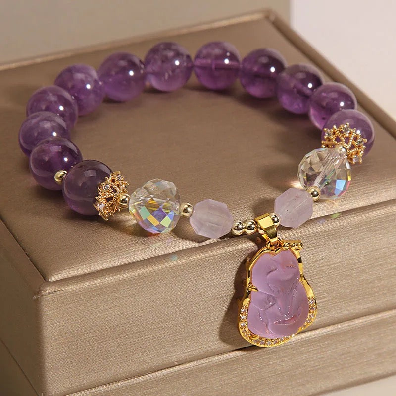 Natural Amethyst Zircon Fox Charm Bracelet (10mm Beads)