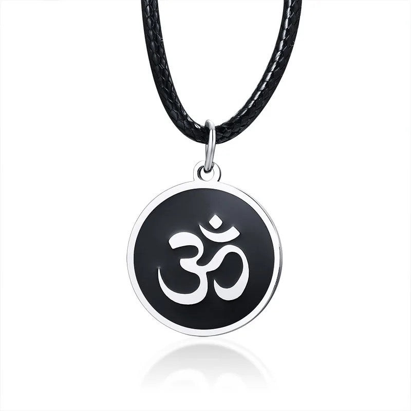 Stainless Steel “OM” Hindu Symbol Necklace + Black Leather Chain