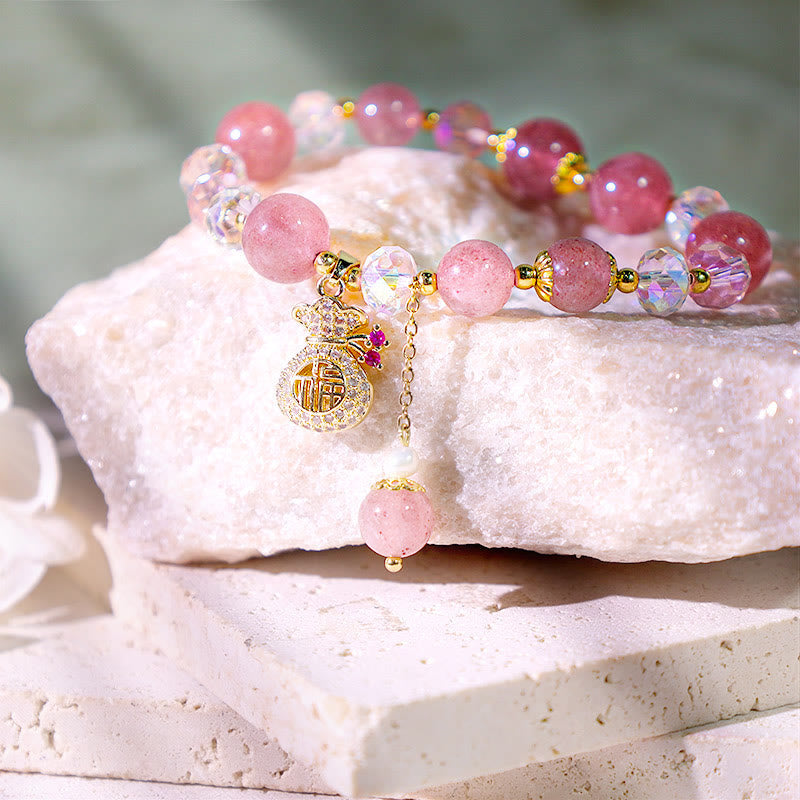 Natural Strawberry Quartz Crystal Money Bag Charm Positive Bracelet (8mm)