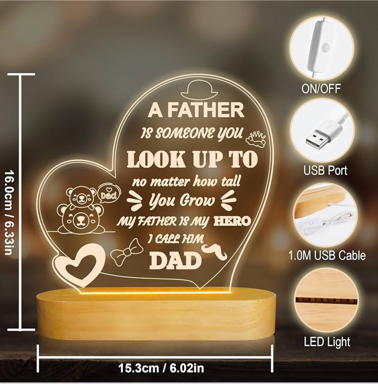 Father’s Love 3D Acrylic Night Lamp With Wooden Base