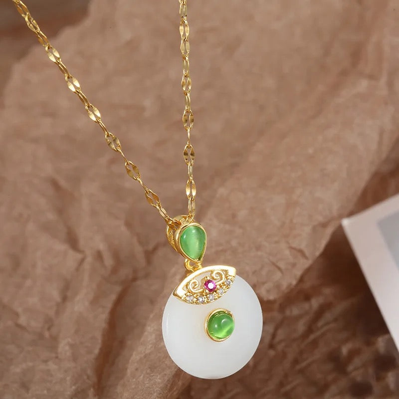 Large Korean Clear Jade Donut Cat Eye Quartz Evil Eye Necklace