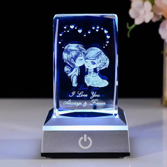 K9 Glass Crystal 3D Laser Engraved Cute Couple (I Love You Always & Forever)
