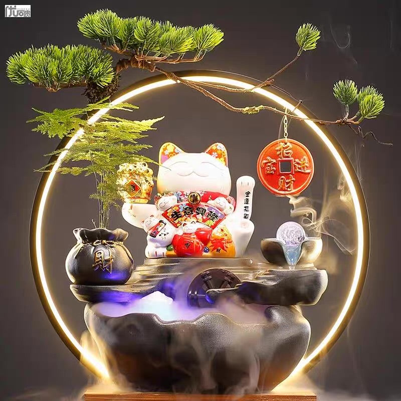 Lucky Cat Back-Flow Incense Holder & Waterfall Mist Maker With Ring Light Ornamental Set