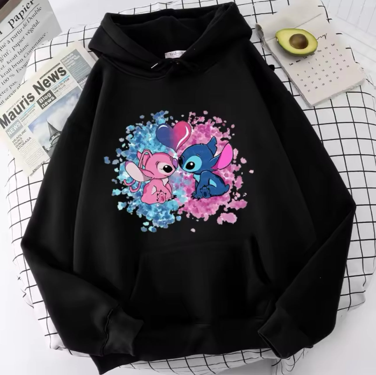 Stitch & Angel Romantic Love Hoodie Design (Pink & Blue)