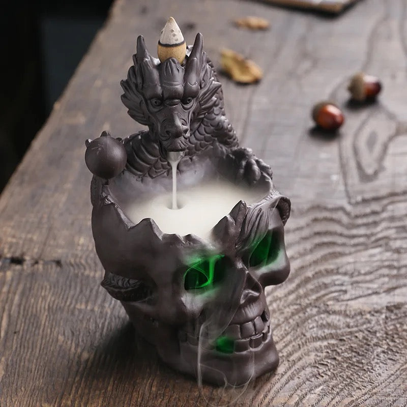 Dragon on Skull Incense Holder + 10 Free Back-Flow Incense Cones.