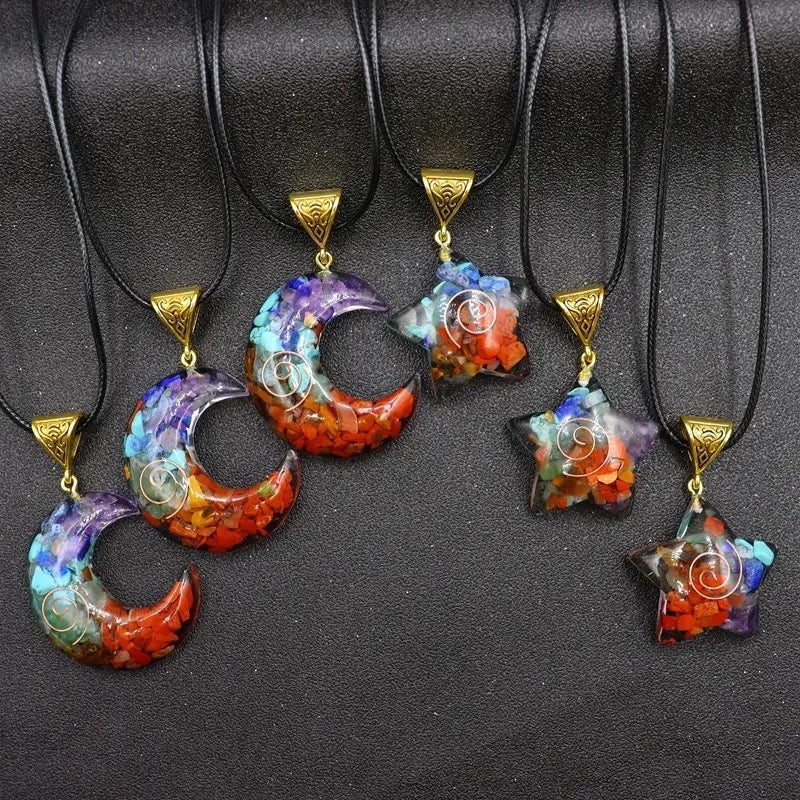 7 Chakra Moon / Crescent Copper Infused Necklace