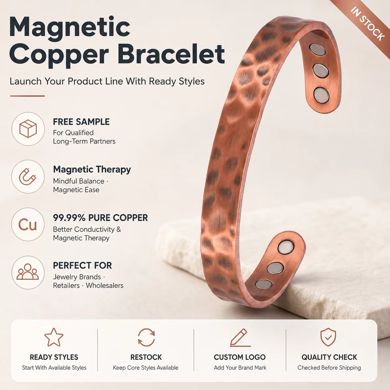 Adjustable Ultra Strength Pure Copper Magnetic Bracelet (99.99% Copper) Hammered Design