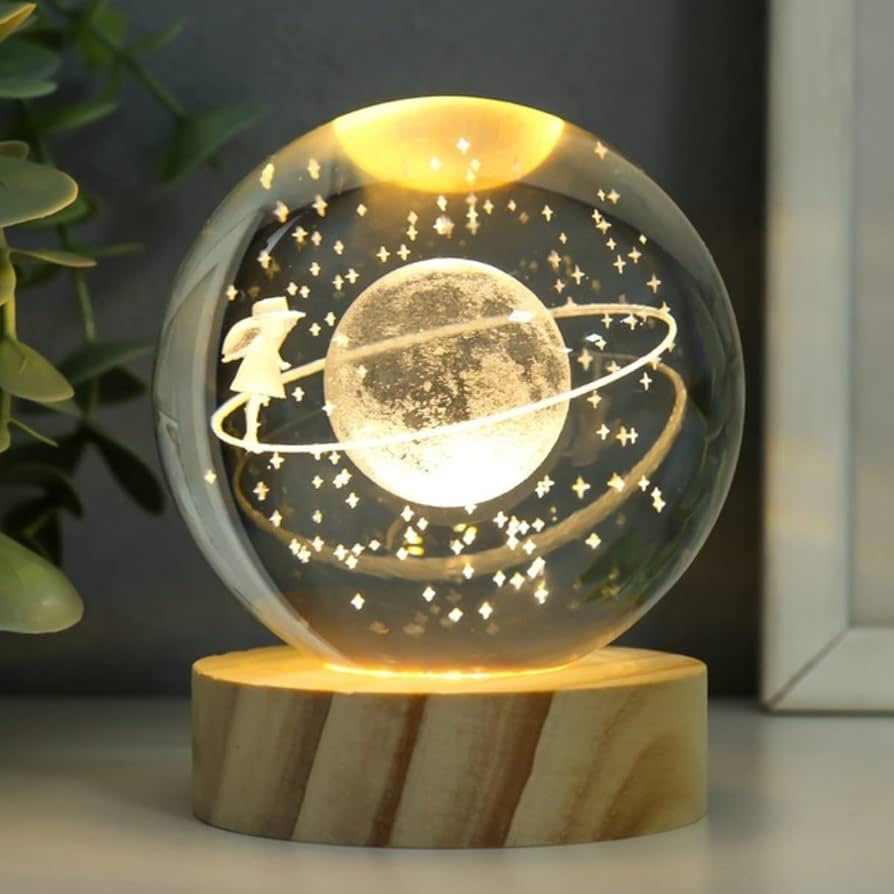 3D Laser Engraved Glass Crystal Ball Lamp Universe Astronomy Decor (Lady on Neptune Rings)