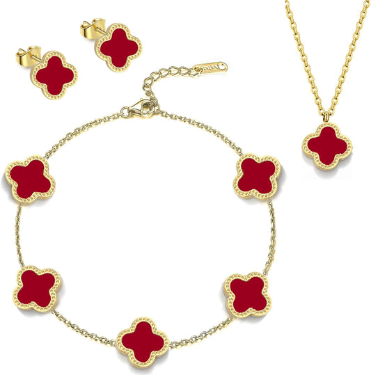 High Quality Stainless Steel Van Cleef Inspired Clover 3pc Set (Red)