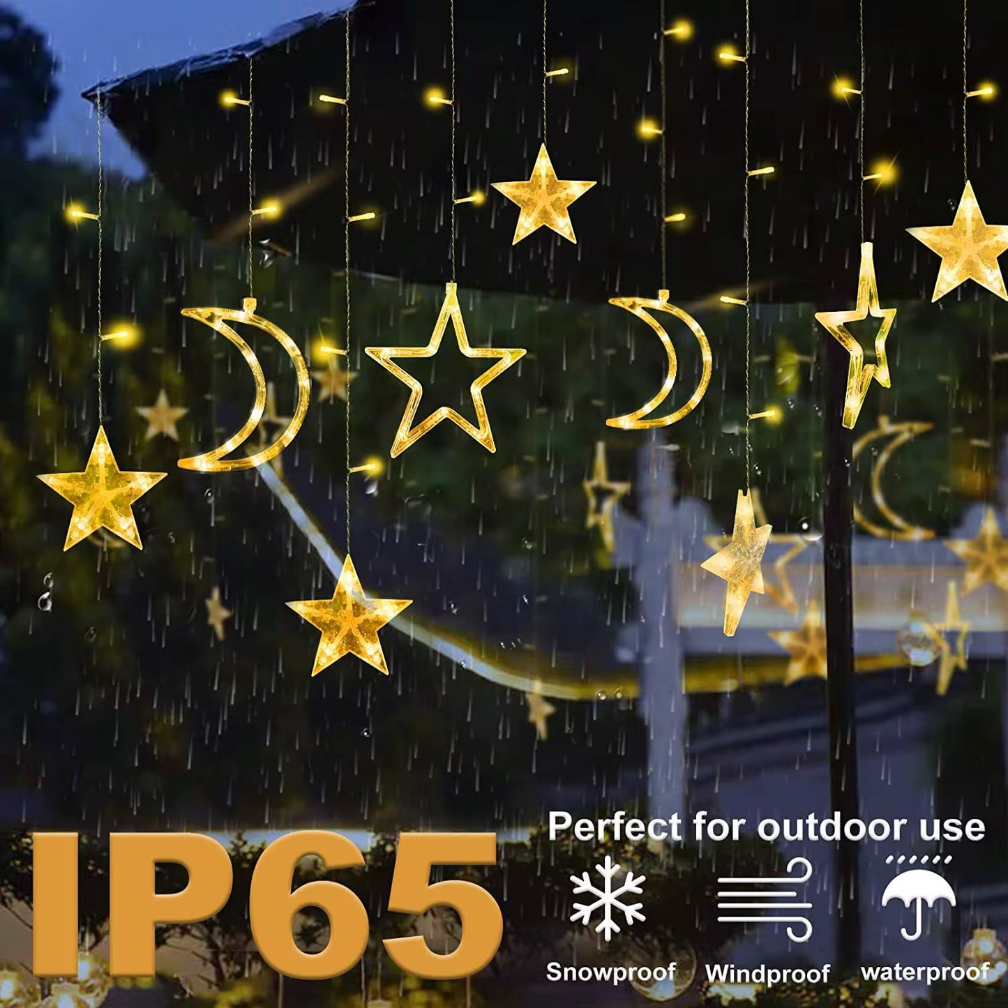 Islamic Cresent and Star Curtain LED String Lights + Remote (8 Modes)