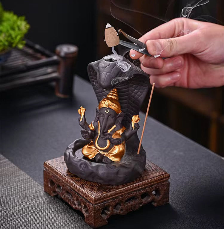 Lord Ganesh on Cobra Snake Back Flow Incense Holder