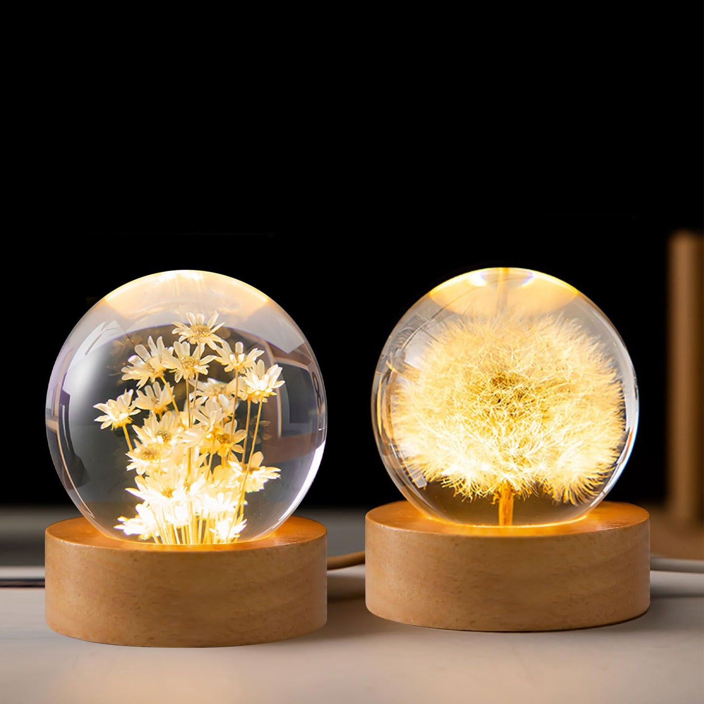 8cm Eternal / Immortal Flower Resin Sphere Lamp with USB LED Wooden Base