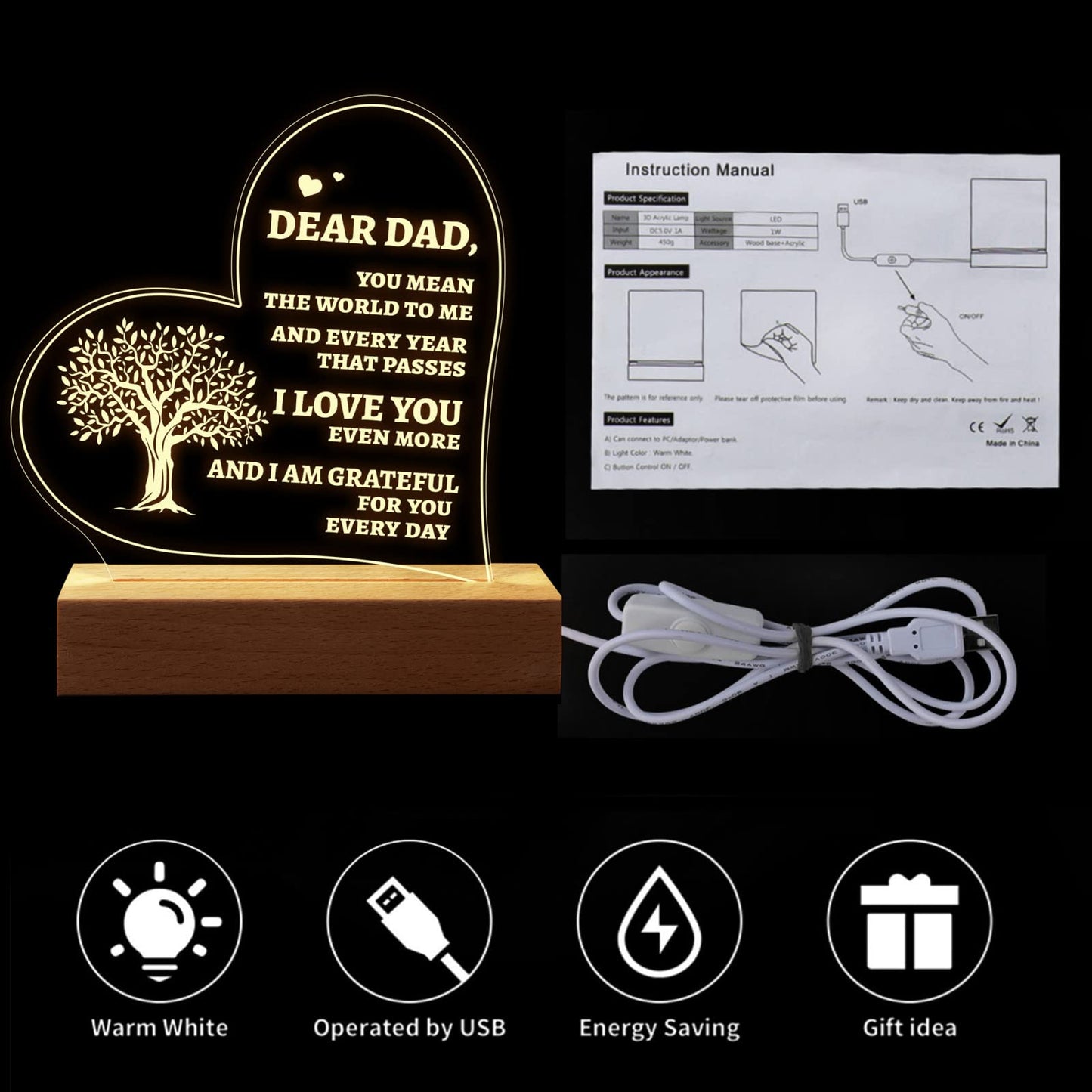 Father’s Love 3D Acrylic Night Lamp With Wooden Base