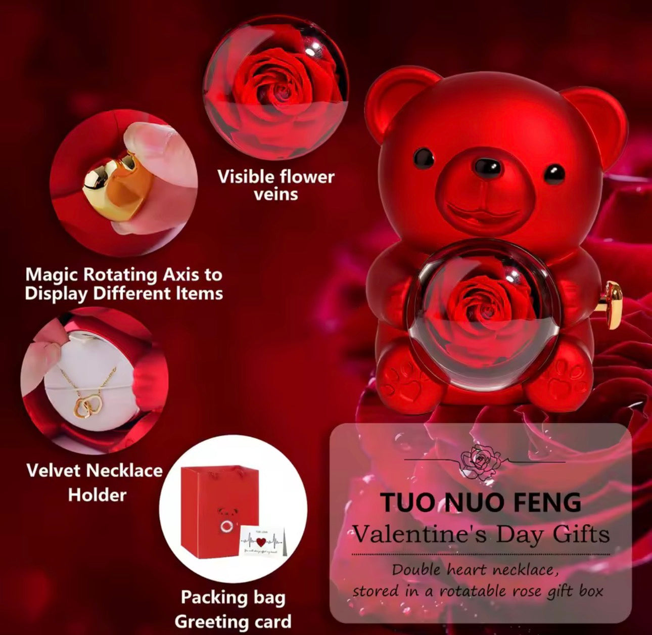 Teddy Bear Eternal Rose Flower Rotating Gift Box
