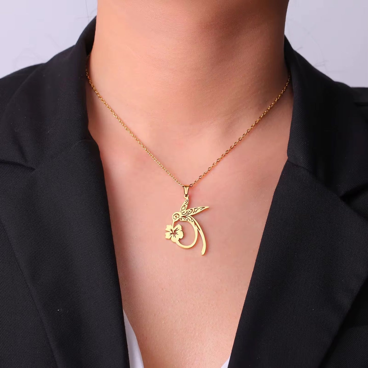 Stainless Steel Hummingbird Hibiscus designed Necklace