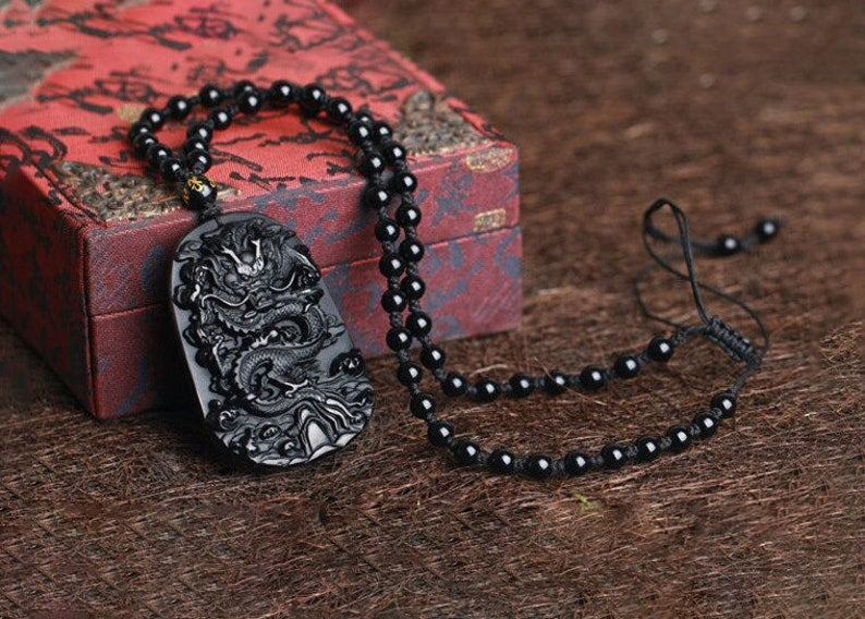 Dragon Carved Obsidian Stone Adjustable Necklace