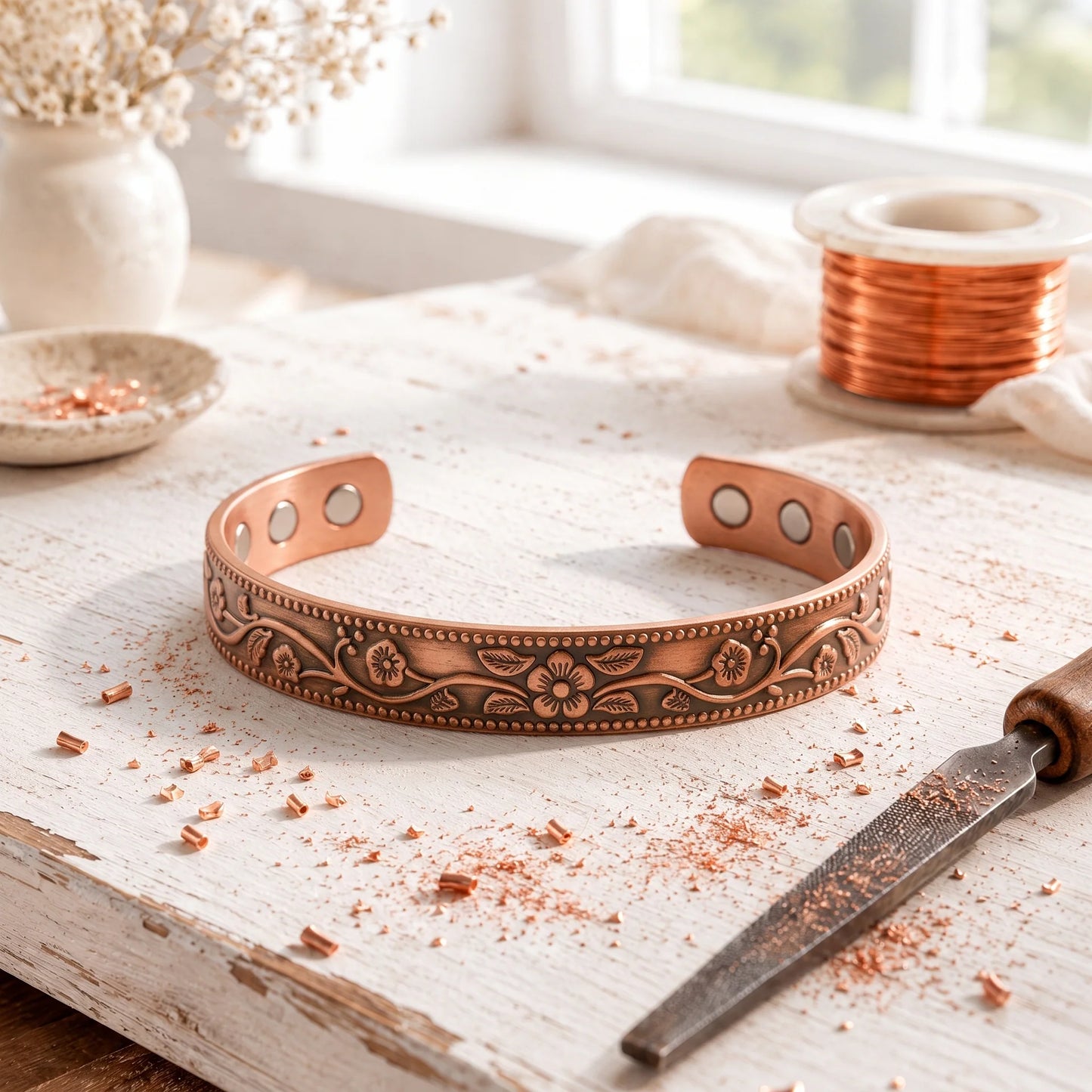 Adjustable Ultra Strength Pure Copper Magnetic Bracelet (99.99% Copper) Floral Design