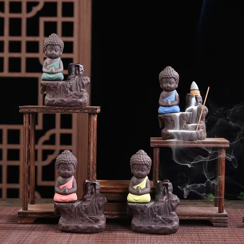 Ceramic Mini Buddha Designed Back-Flow Incense Holder + 10 Free Incense Cones