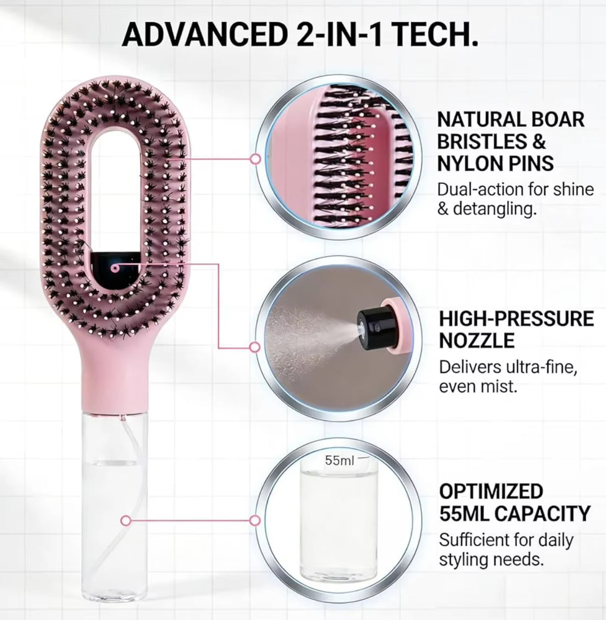2-in-1 Ionic Hair Mist Brush with Built-In Spray Bottle – Pink