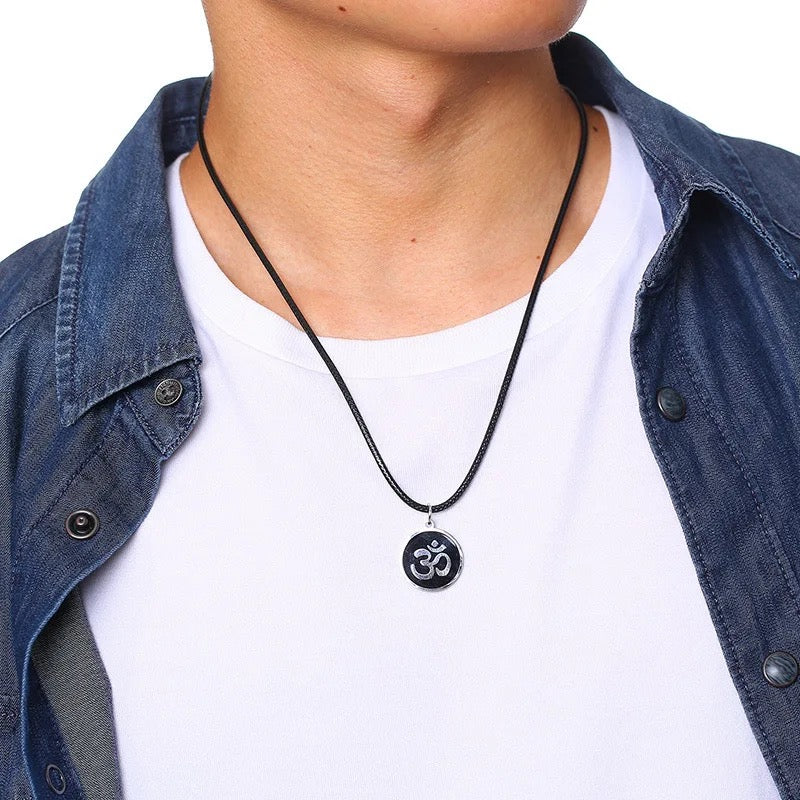 Stainless Steel “OM” Hindu Symbol Necklace + Black Leather Chain