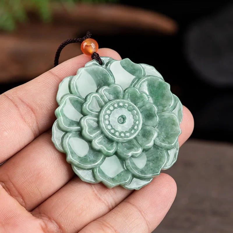 Natural Jade Carved Lotus Pendant Necklace