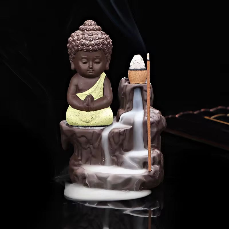 Ceramic Mini Buddha Designed Back-Flow Incense Holder + 10 Free Incense Cones