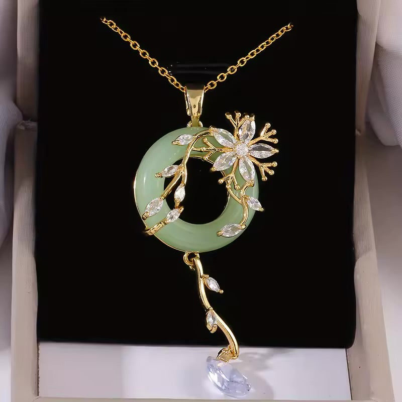 Stainless Steel Zircon Vine Flower Jade Necklace