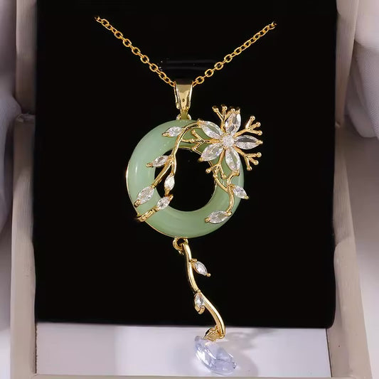 Stainless Steel Zircon Vine Flower Jade Necklace