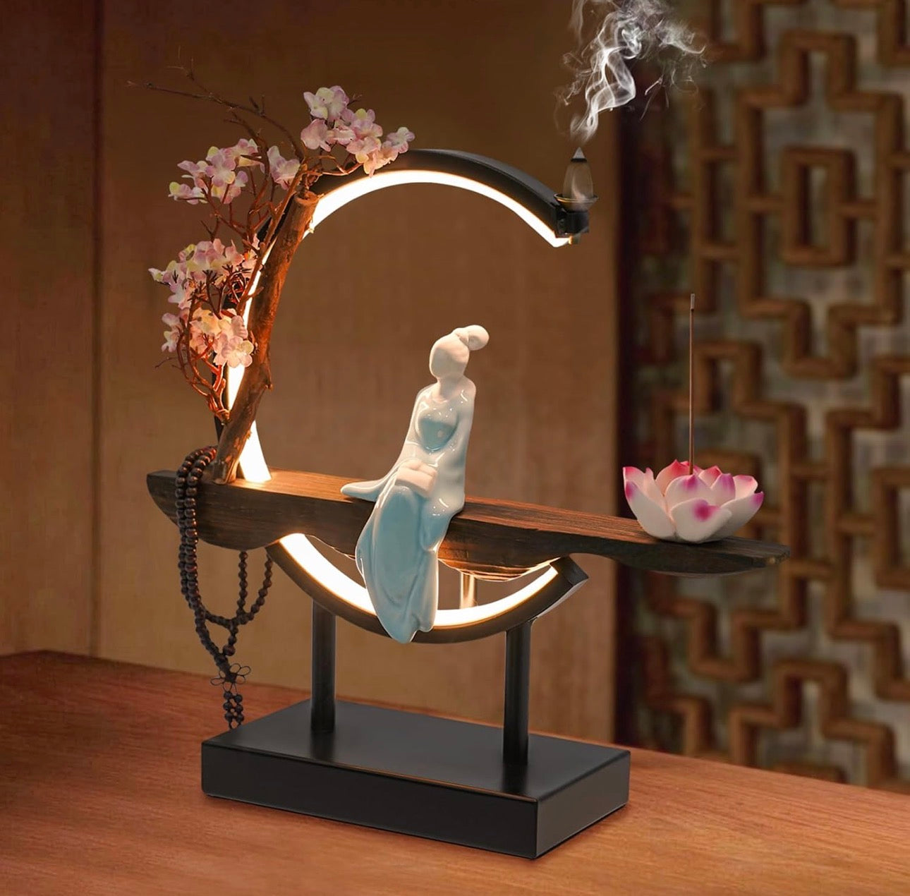 Buddha Back-Flow Incense Holder with Cherry Blossom Floral & Ring Light Ornamental Set